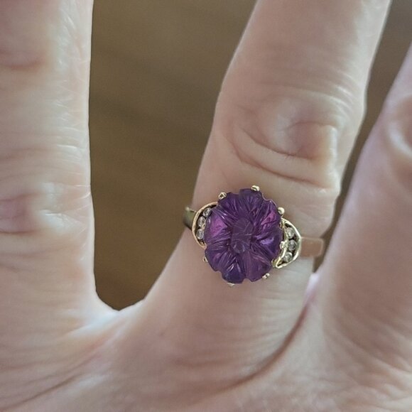Vintage 14K SGS Yellow Gold Amethyst Diamond Cushion Dome Cut Size 6.5 - Picture 1 of 7